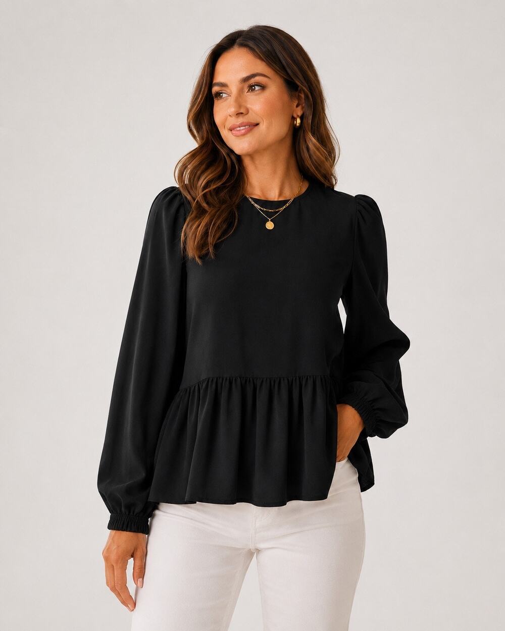Pomander Place Carlota Black Peplum Blouse Size L Puff Sleeve Tuckernuck